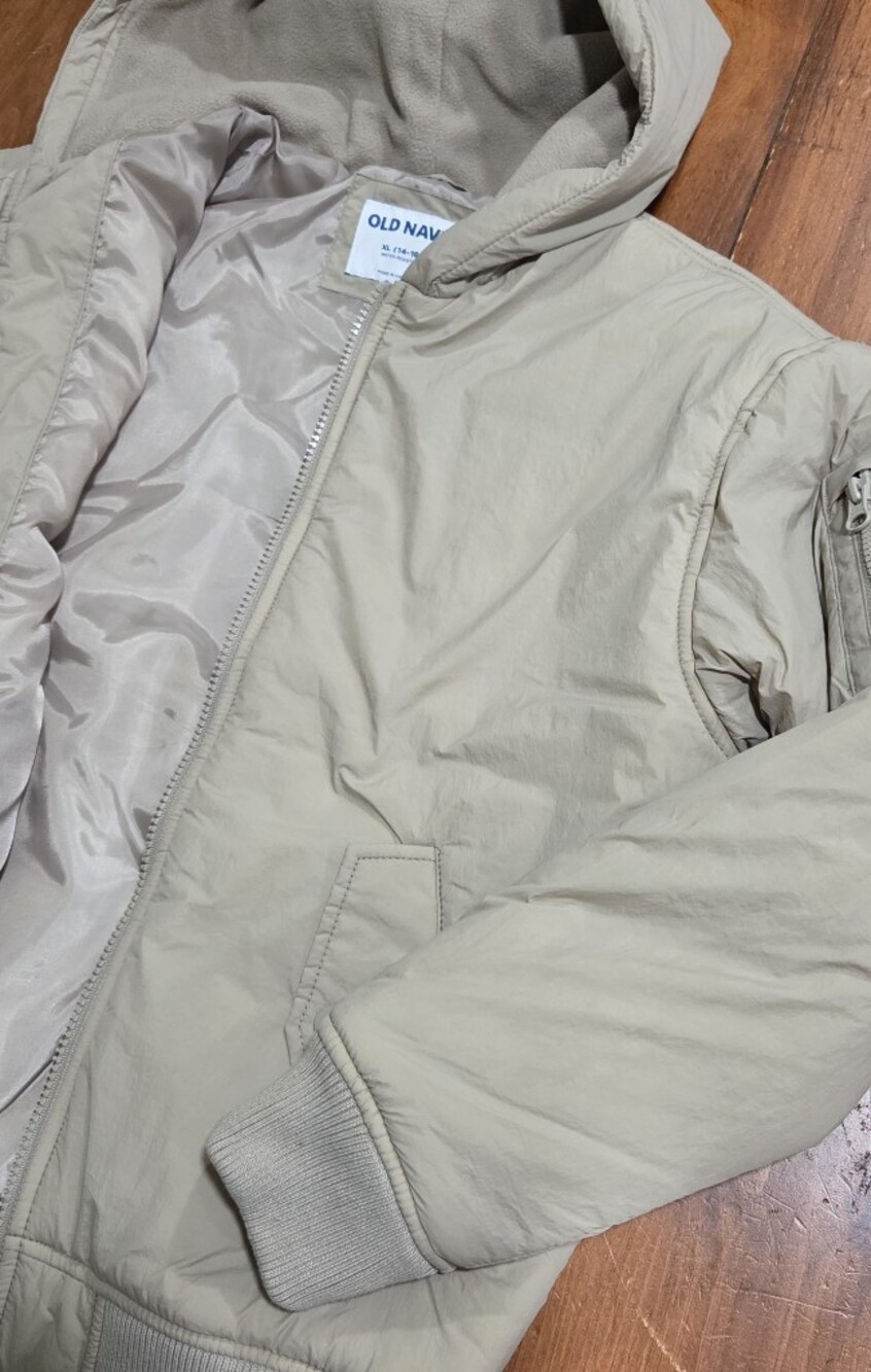 Old Navy Kids Light Beige Hooded Puffer Bomber Jacket - Picture 3 of 6